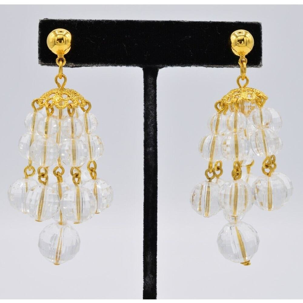 Vintage Chandelier Beaded Earrings Clear Crystal Dangle Gold Tone 1980s BinAB